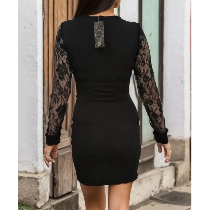 Kadın Uzun Kollu Kruvaze Yaka Beli Düğme Detay Krep Elbise