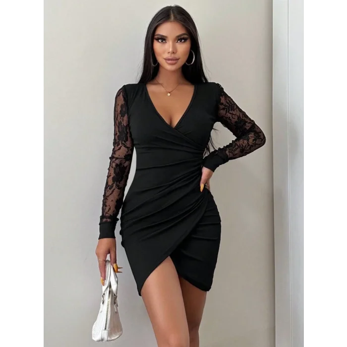 Kadın Uzun Kollu Kruvaze Yaka Beli Düğme Detay Krep Elbise