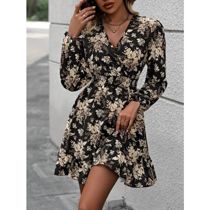 Kadın Uzun Kollu Kruvaze Yaka Beli Gipeli çiçek Desenli Kısa Dalgıç Elbise
