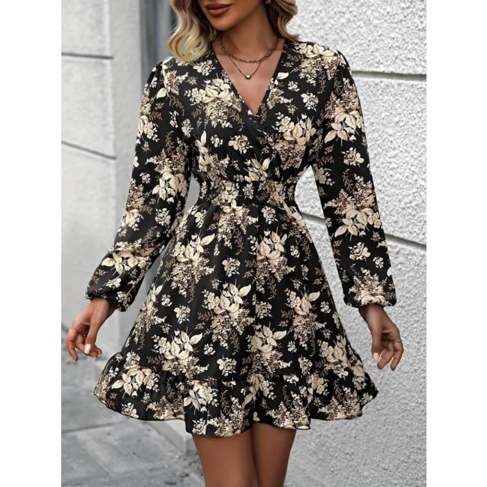 Kadın Uzun Kollu Kruvaze Yaka Beli Gipeli çiçek Desenli Kısa Dalgıç Elbise
