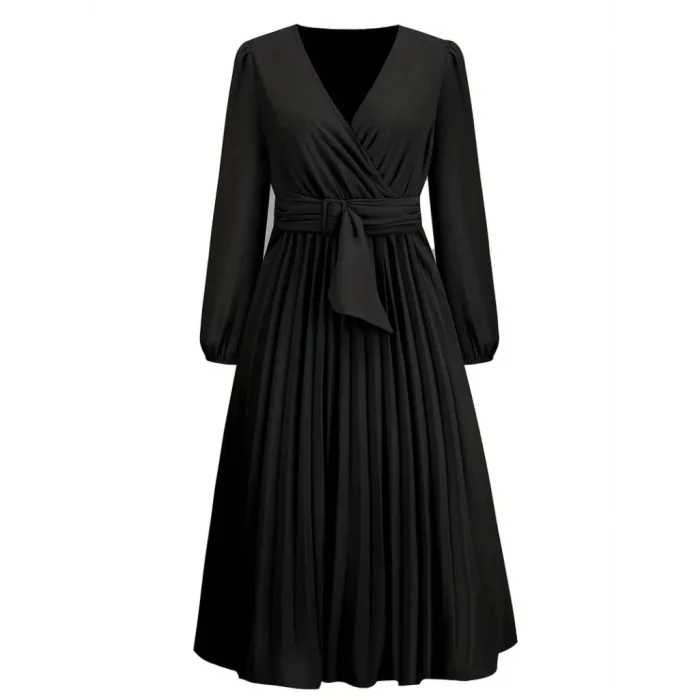 Kadın Uzun Kollu Kruvaze Yaka Belinde Toka Detaylı Pileli Uzun Ithal Krep Elbise