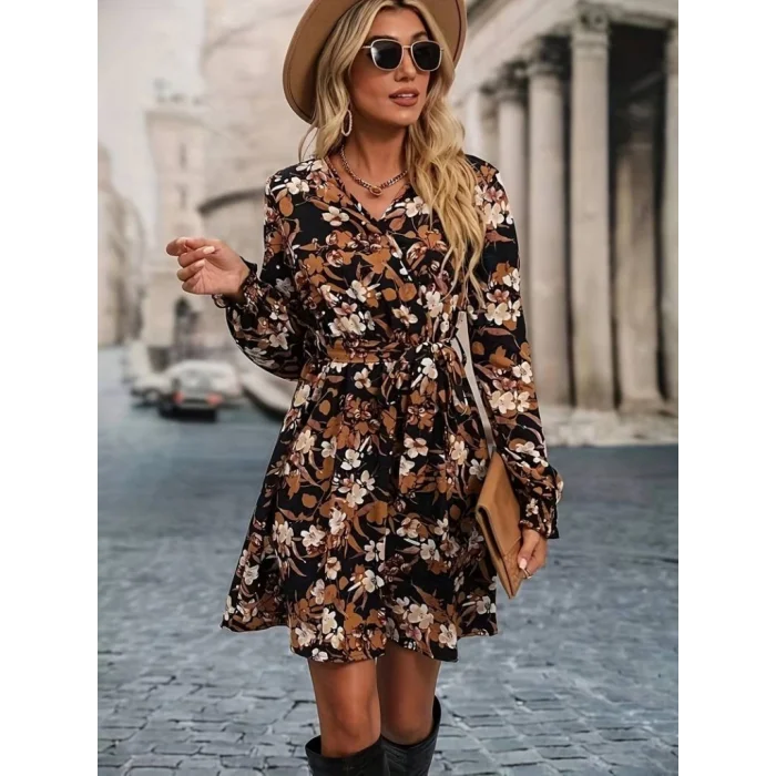 Kadın Uzun Kollu Kruvaze Yaka çiçek Desenli Dalgıç Elbise