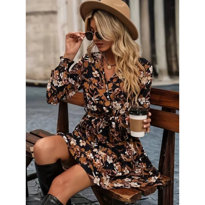 Kadın Uzun Kollu Kruvaze Yaka çiçek Desenli Dalgıç Elbise