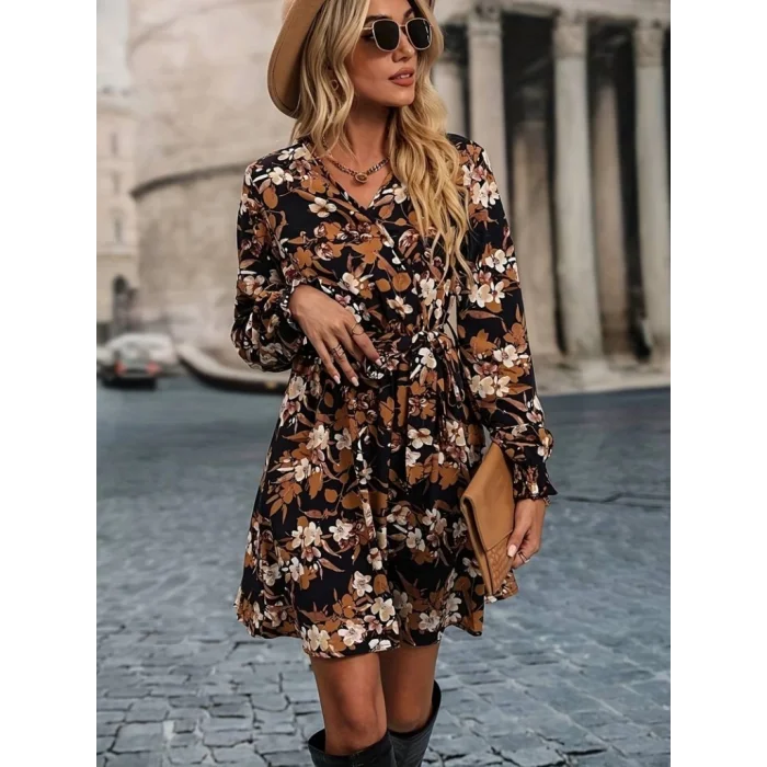 Kadın Uzun Kollu Kruvaze Yaka çiçek Desenli Dalgıç Elbise
