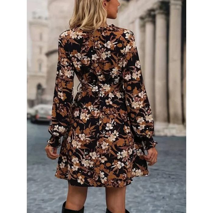 Kadın Uzun Kollu Kruvaze Yaka çiçek Desenli Dalgıç Elbise