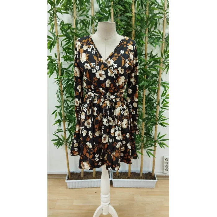 Kadın Uzun Kollu Kruvaze Yaka çiçek Desenli Dalgıç Elbise