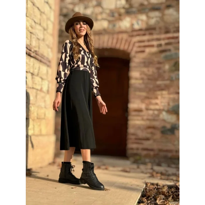 Kadın Uzun Kollu Kruvaze Yaka Dalgıç Krep Midi Boy Elbise