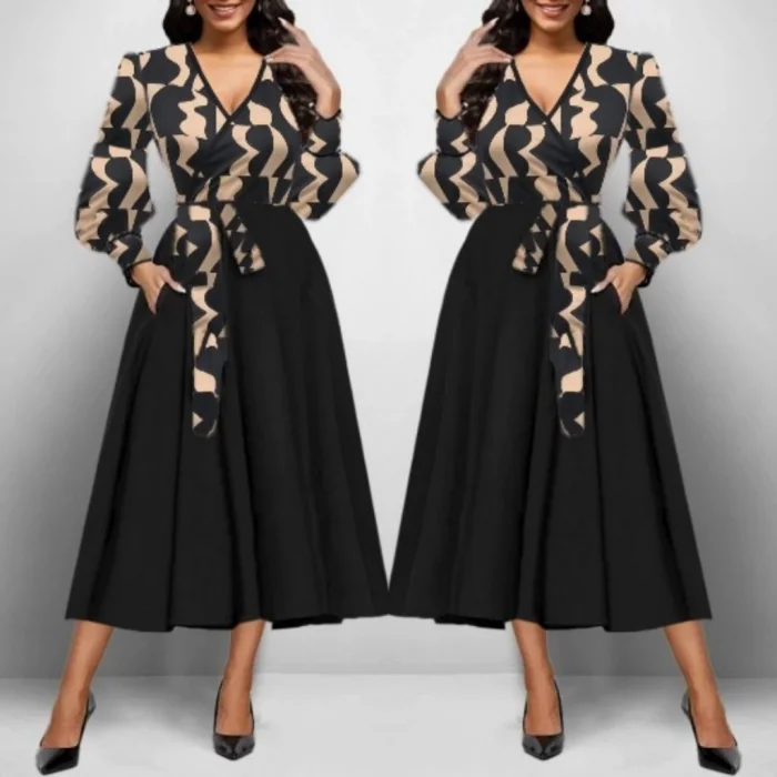 Kadın Uzun Kollu Kruvaze Yaka Dalgıç Krep Midi Boy Elbise