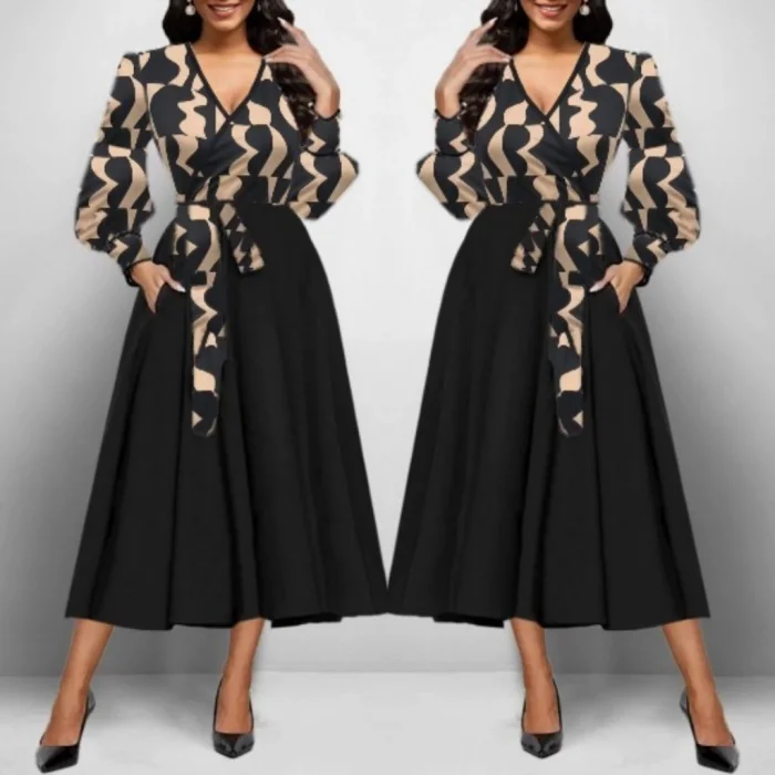 Kadın Uzun Kollu Kruvaze Yaka Dalgıç Krep Midi Boy Elbise