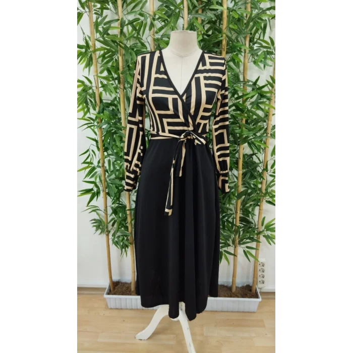 Kadın Uzun Kollu Kruvaze Yaka Dalgıç Krep Midi Boy Elbise