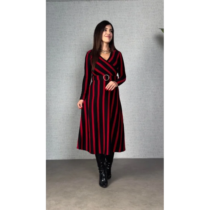 Kadın Uzun Kollu Kruvaze Yaka Kemer Dahil çizgili Triko Elbise