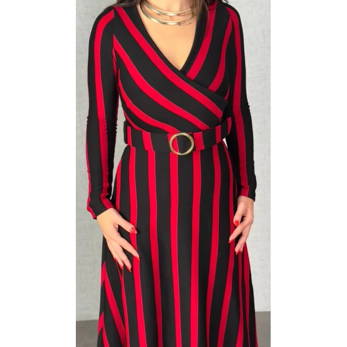 Kadın Uzun Kollu Kruvaze Yaka Kemer Dahil çizgili Triko Elbise