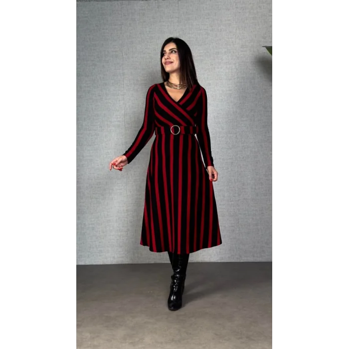 Kadın Uzun Kollu Kruvaze Yaka Kemer Dahil çizgili Triko Elbise