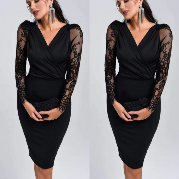 Kadın Uzun Kollu Kruvaze Yaka Kollar Tül Detay Krep Mini Boy Elbise