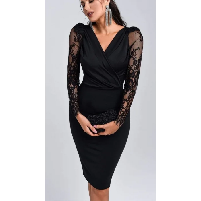 Kadın Uzun Kollu Kruvaze Yaka Kollar Tül Detay Krep Mini Boy Elbise