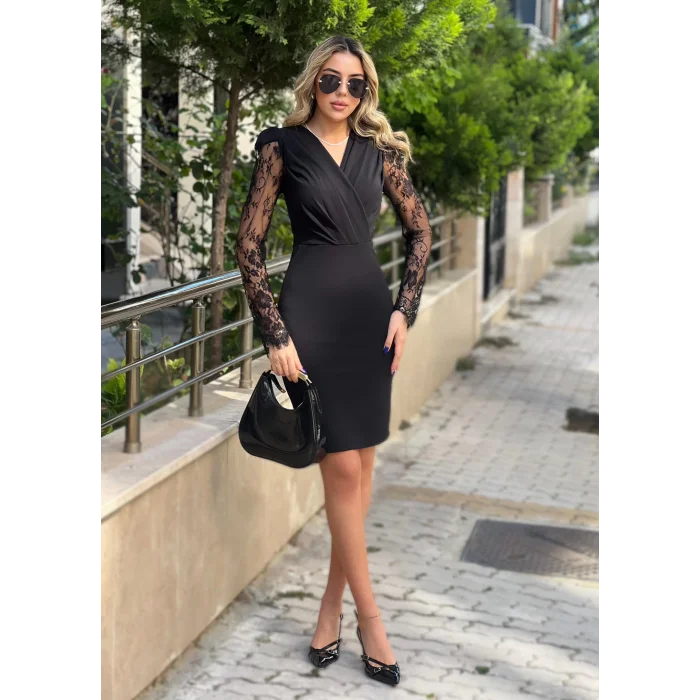 Kadın Uzun Kollu Kruvaze Yaka Kollar Tül Detay Krep Mini Boy Elbise