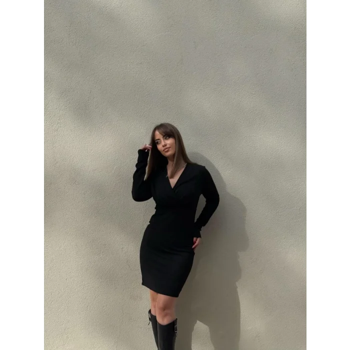 Kadın Uzun Kollu Kruvaze Yaka Krep Mini Boy Elbise