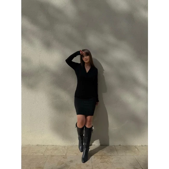 Kadın Uzun Kollu Kruvaze Yaka Krep Mini Boy Elbise