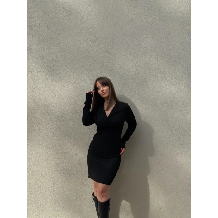 Kadın Uzun Kollu Kruvaze Yaka Krep Mini Boy Elbise