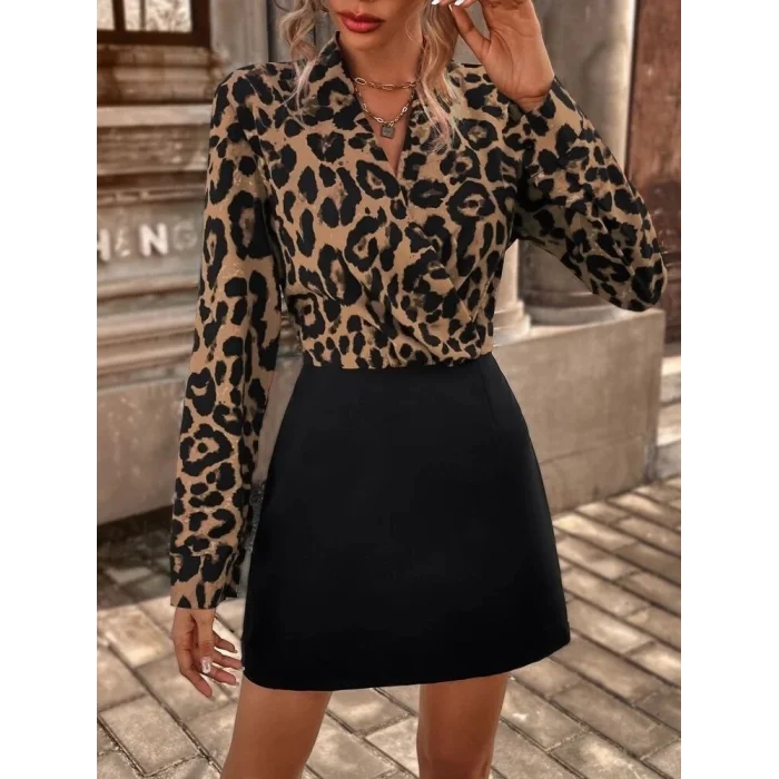 Kadın Uzun Kollu Kruvaze Yaka Krep Mini Boy Elbise