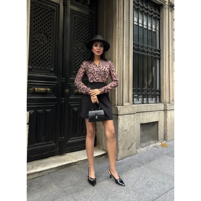 Kadın Uzun Kollu Kruvaze Yaka Krep Mini Boy Elbise