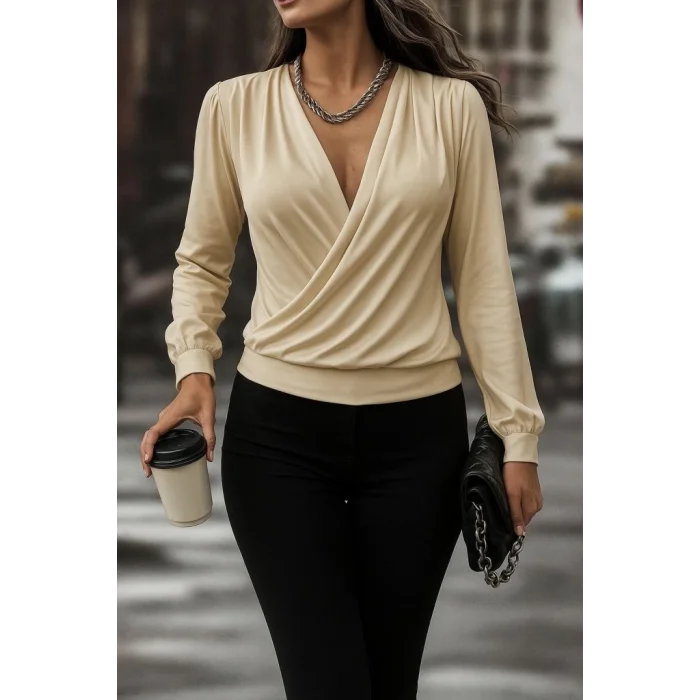 Kadın Uzun Kollu Kruvaze Yaka Sandy Bluz