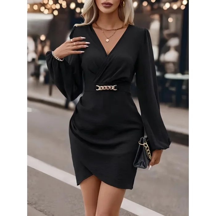 Kadın Uzun Kollu Kruvaze Yaka Yandan Büzgülü Asimetrik Detaylı Ithal Krep Mini Elbise