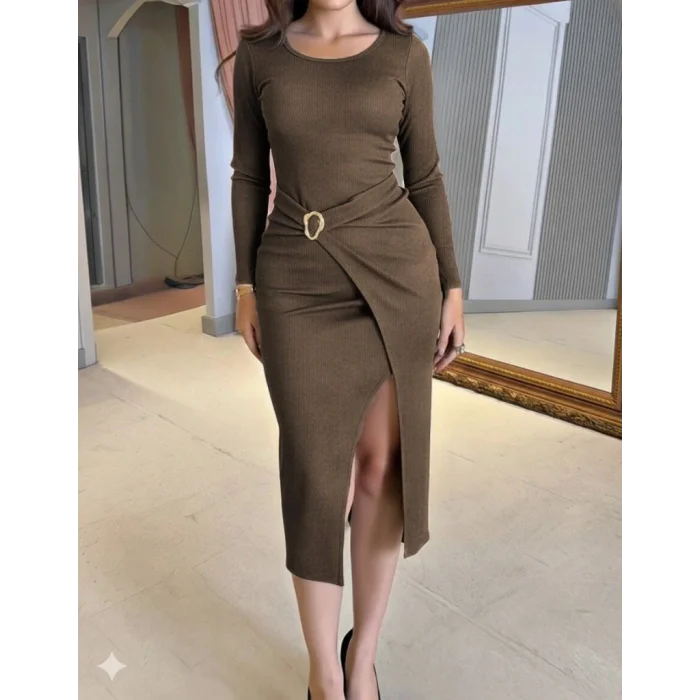 Kadın Uzun Kollu Kruvaze Yaka Yandan Toka Detaylı önden çapraz Detaylı Ottoman Elbise