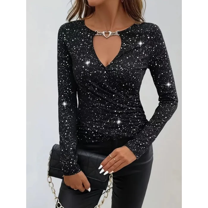 Kadın Uzun Kollu Kruvaze Yakalı Aksesuarlı Dalgıç Bluz