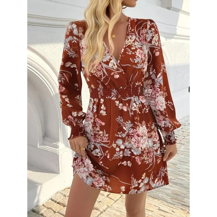 Kadın Uzun Kollu Kruvaze Yakalı çiçek Desenli Mini Süprem Elbise