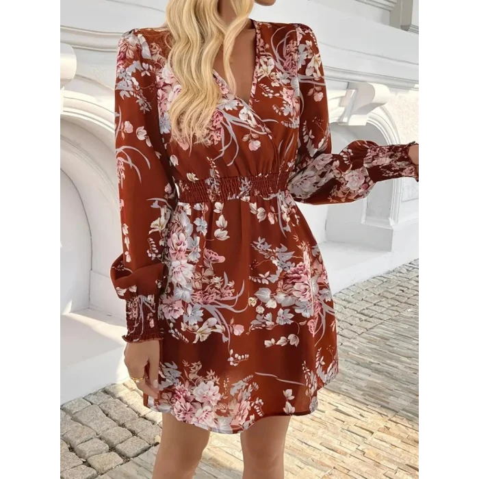 Kadın Uzun Kollu Kruvaze Yakalı çiçek Desenli Mini Süprem Elbise