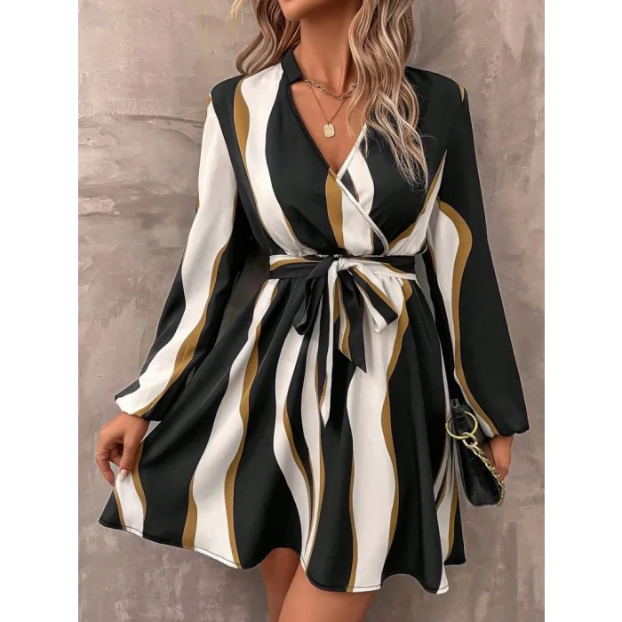 Kadın Uzun Kollu Kruvaze Yakalı Desenli Modal Mini Elbise