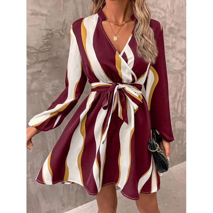 Kadın Uzun Kollu Kruvaze Yakalı Desenli Modal Mini Elbise