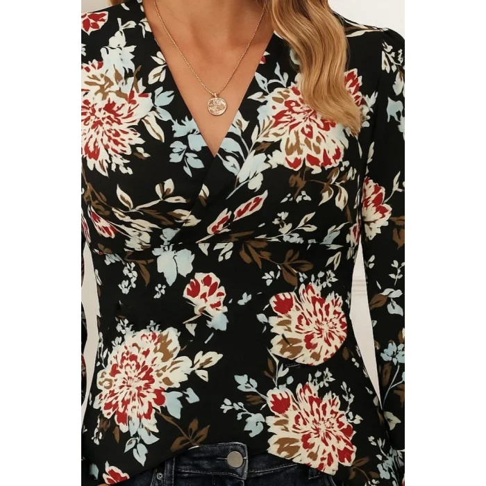 Kadın Uzun Kollu Kruvaze Yakalı Kelebek Desenli şardonlu Dalgıç Bluz