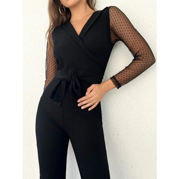 Kadın Uzun Kollu Kruvaze Yakalı Kolları Tül Detay Beli Kuşaklı Ithal Krep Tulum