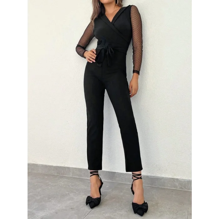 Kadın Uzun Kollu Kruvaze Yakalı Kolları Tül Detay Beli Kuşaklı Ithal Krep Tulum