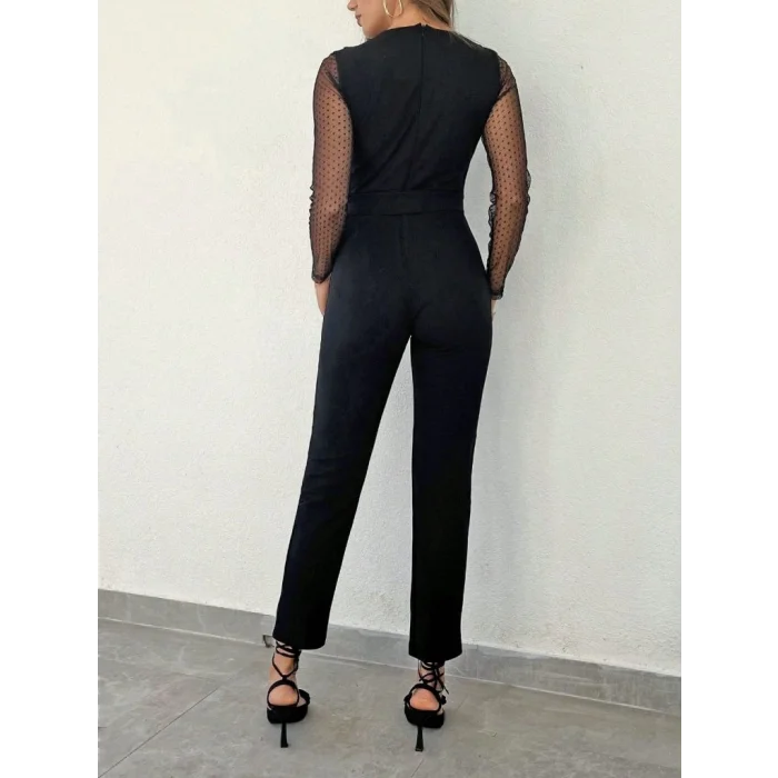 Kadın Uzun Kollu Kruvaze Yakalı Kolları Tül Detay Beli Kuşaklı Ithal Krep Tulum