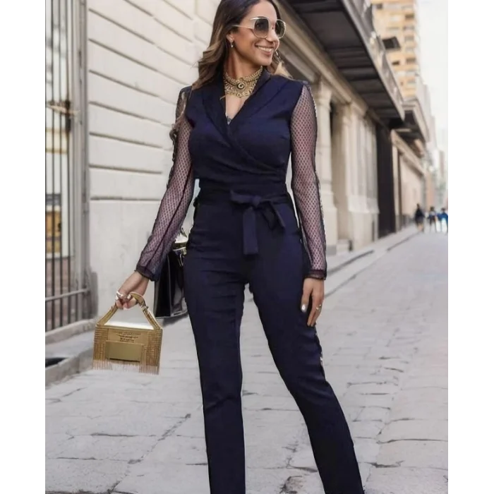 Kadın Uzun Kollu Kruvaze Yakalı Kolları Tül Detay Beli Kuşaklı Ithal Krep Tulum