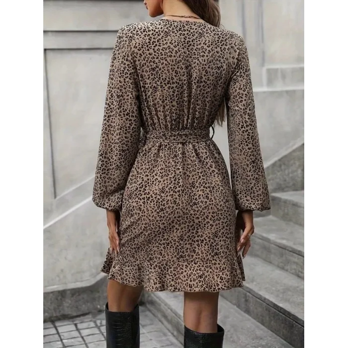 Kadın Uzun Kollu Kruvaze Yakalı Kuşaklı Desenli Kısa Modal Mini Elbise