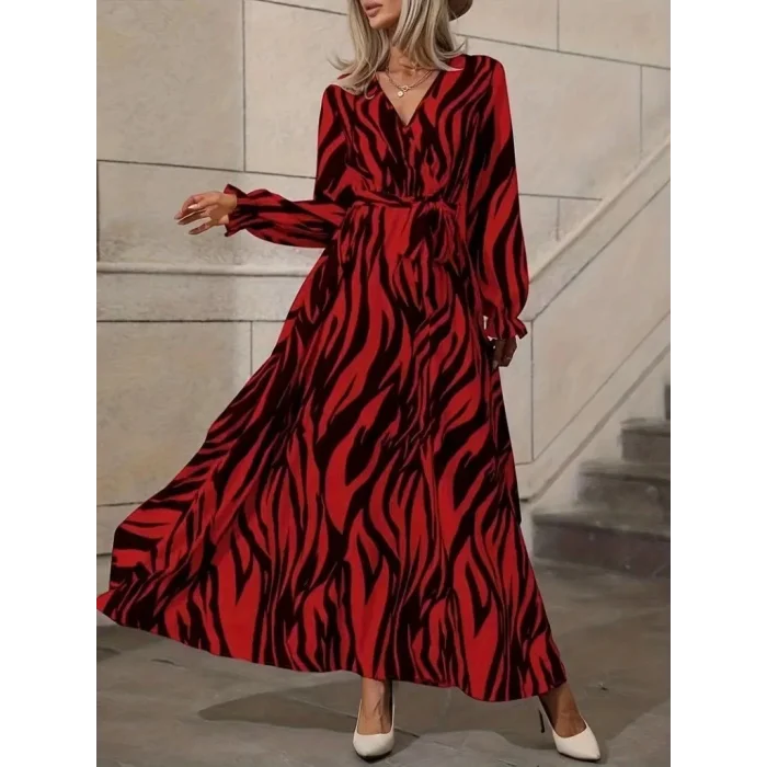 Kadın Uzun Kollu Kruvaze Yakalı Kuşaklı Zebra Desenli Süprem Maxi Elbise
