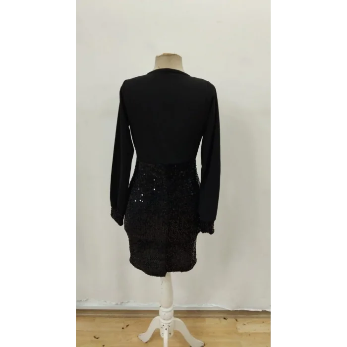 Kadın Uzun Kollu Kruvaze Yakalı üst Ithal Krep Alt Pulpayetli Mini Ithal Krep Elbise