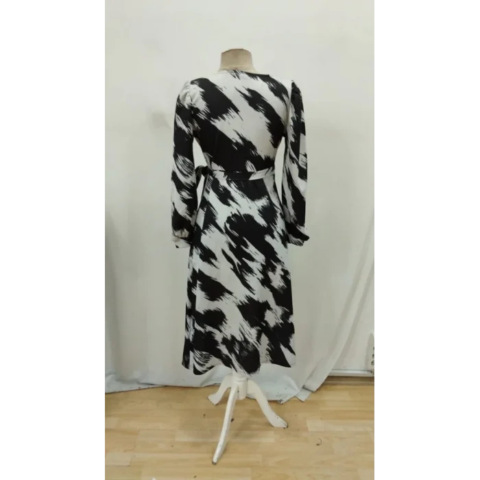 Kadın Uzun Kollu Kruvaze Yakalı Yandan Bağlamalı Desenli Mini Modal Elbise