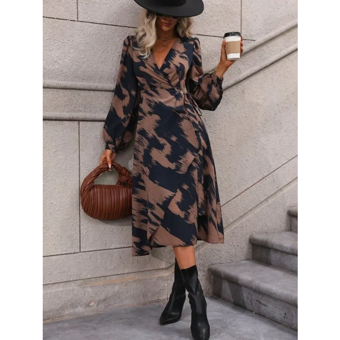 Kadın Uzun Kollu Kruvaze Yakalı Yandan Bağlamalı Desenli Mini Modal Elbise