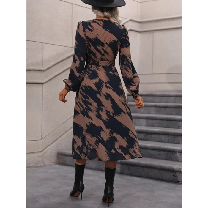 Kadın Uzun Kollu Kruvaze Yakalı Yandan Bağlamalı Desenli Mini Modal Elbise