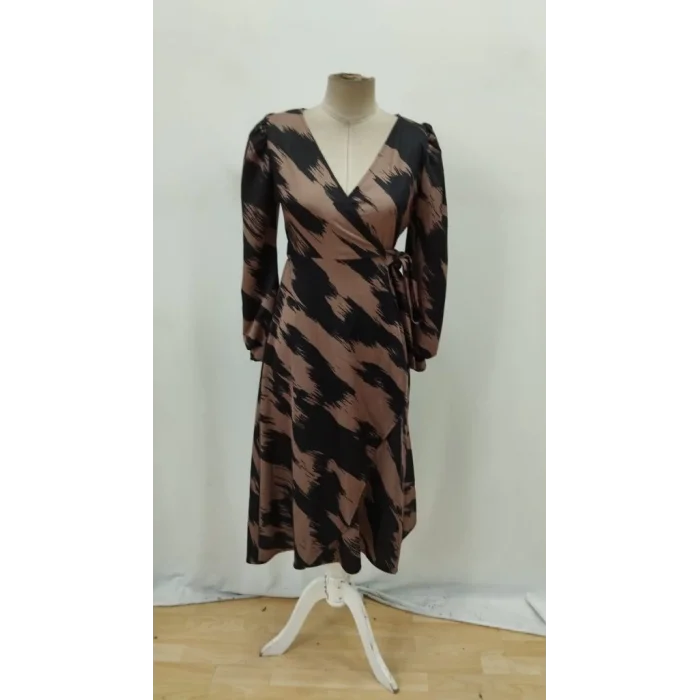 Kadın Uzun Kollu Kruvaze Yakalı Yandan Bağlamalı Desenli Mini Modal Elbise