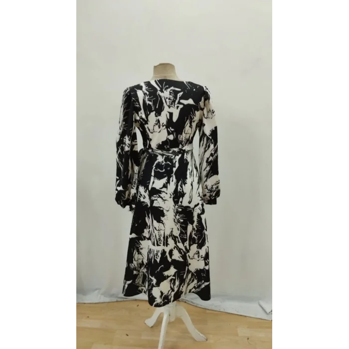 Kadın Uzun Kollu Kruvaze Yakalı Yandan Bağlamalı Desenli Mini Modal Elbise