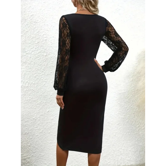 Kadın Uzun Kollu Kruvaze Yakalı Yandan Büzgülü çapraz Kesim Detaylı Midi Ithal Krep Elbise