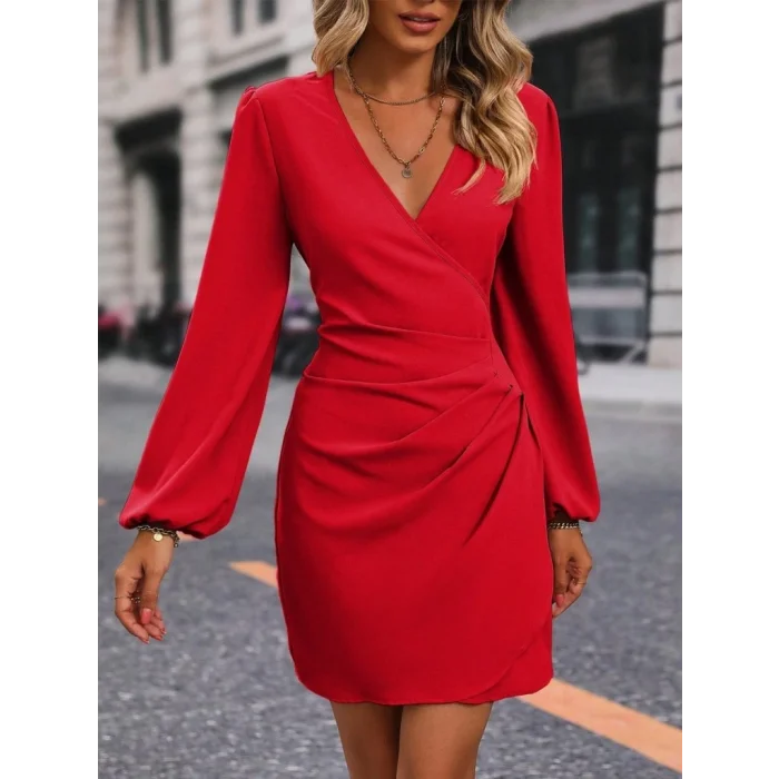 Kadın Uzun Kollu Kruvaze Yakalı Yanlardan Büzgü Detaylı Ithal Krep Kısa Elbise