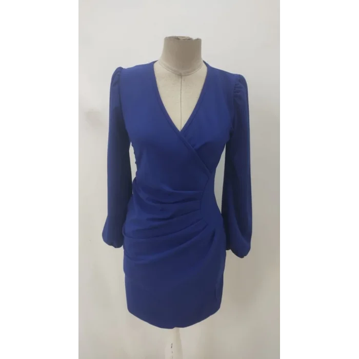 Kadın Uzun Kollu Kruvaze Yakalı Yanlardan Büzgü Detaylı Ithal Krep Kısa Elbise