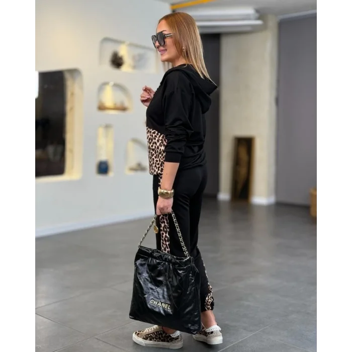 Kadın Uzun Kollu Leopar Detay Sweat Ve Yanı Leopar şerit Detay Pantolon Ikili Takım
